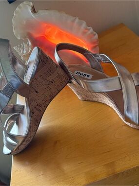 Dune London Metallic Silver Cork Wedge Sandals